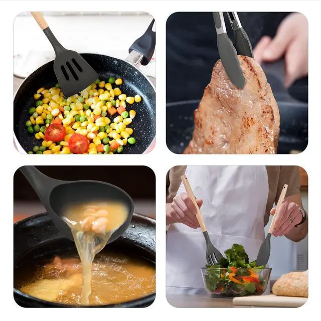 Alt view image 5 of 7 - Non-Stick Silicone Cooking Utensils Set, 5 Pcs with Wooden Handle, Heat Resistant Silicone Kitchen Gadgets (Gray)