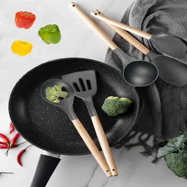 Alt view image 7 of 7 - Non-Stick Silicone Cooking Utensils Set, 5 Pcs with Wooden Handle, Heat Resistant Silicone Kitchen Gadgets (Gray)