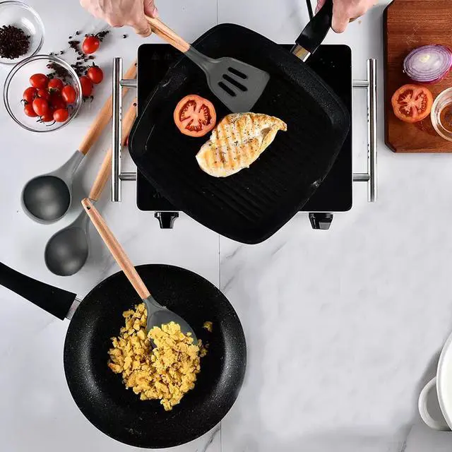 Alt view image 2 of 7 - Non-Stick Silicone Cooking Utensils Set, 5 Pcs with Wooden Handle, Heat Resistant Silicone Kitchen Gadgets (Gray)
