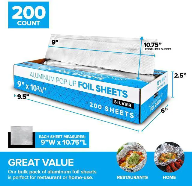 Alt view image 2 of 7 - 200 Count Pre-Cut Deli Aluminum Foil - 9 Pop Up Sheets for Restaurant, Disposable Food Covers for Burrito, Hot Dog or Sandwich, Silver