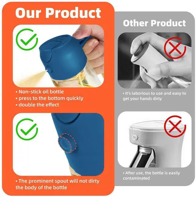Alt view image 7 of 7 - 16oz/470ml Glass Olive Oil Sprayer for Cooking 2 in 1 Olive Oil Dispenser Bottle for Kitchen Gadgets and Air Fryer Accessories, Salad, BBQ - Black & Navy