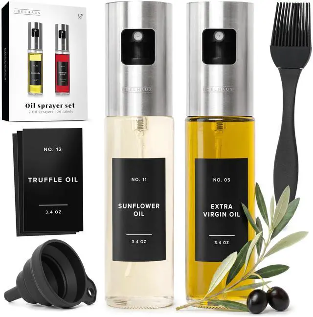 Main image of Oil Sprayer Set of 2 Oil Spray Bottle Made of Stainless Steel & Glass, for Healthy Cooking, Sprayer for Precise Dosage, for Cooking Oil & Vinegar Including 20 Labels, Funnel