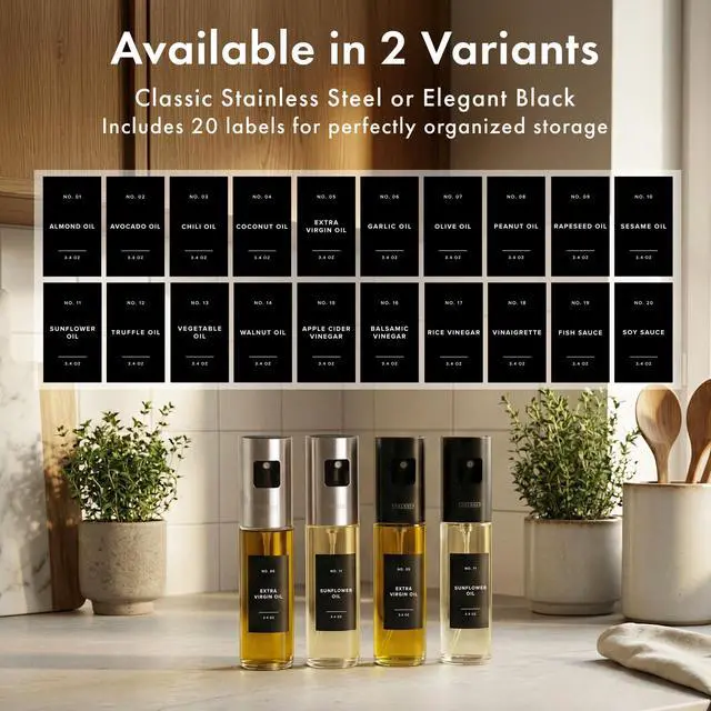 Alt view image 5 of 7 - Oil Sprayer Set of 2 Oil Spray Bottle Made of Stainless Steel & Glass, for Healthy Cooking, Sprayer for Precise Dosage, for Cooking Oil & Vinegar Including 20 Labels, Funnel