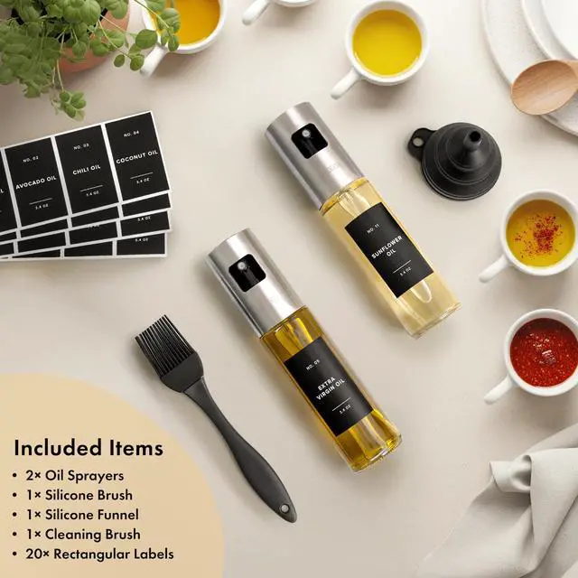 Alt view image 7 of 7 - Oil Sprayer Set of 2 Oil Spray Bottle Made of Stainless Steel & Glass, for Healthy Cooking, Sprayer for Precise Dosage, for Cooking Oil & Vinegar Including 20 Labels, Funnel