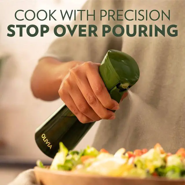 Alt view image 2 of 7 - OLIVIA SIGNATURE Advanced Kitchen Oil Sprayer with Technology, Fine Mist & Portion Control, Refillable Glass Olive Oil Cooking Spray Bottle for Air Fryer, Salad, BBQ, 200ml (Green, Gold)