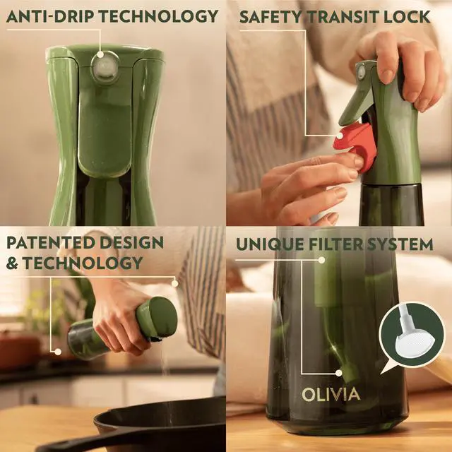 Alt view image 3 of 7 - OLIVIA SIGNATURE Advanced Kitchen Oil Sprayer with Technology, Fine Mist & Portion Control, Refillable Glass Olive Oil Cooking Spray Bottle for Air Fryer, Salad, BBQ, 200ml (Green, Gold)