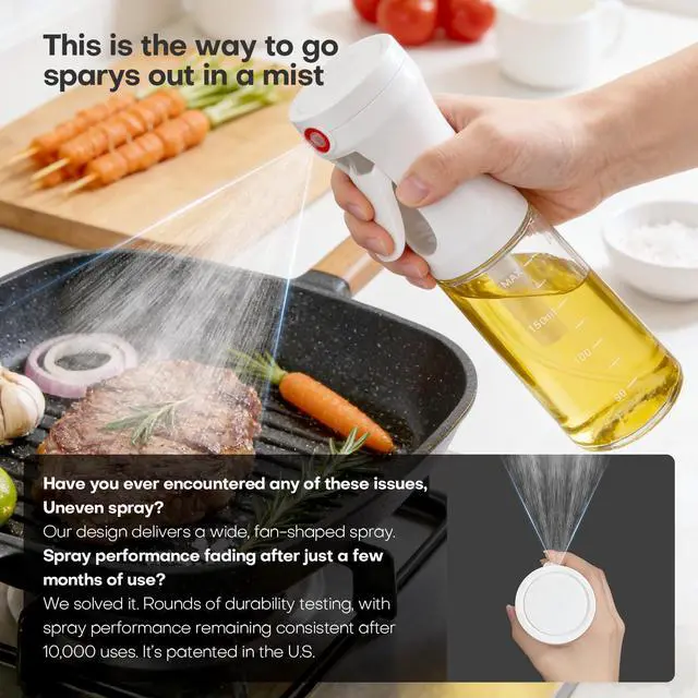 Alt view image 3 of 6 - Oil Sprayer for Cooking, 7oz Even Fan-Shaped Mist Olive Oil Dispenser for Kitchen, Air Fryer, Salad, BBQ, Food-Grade 200ml Glass Sprayer Bottle with U.S. Patented