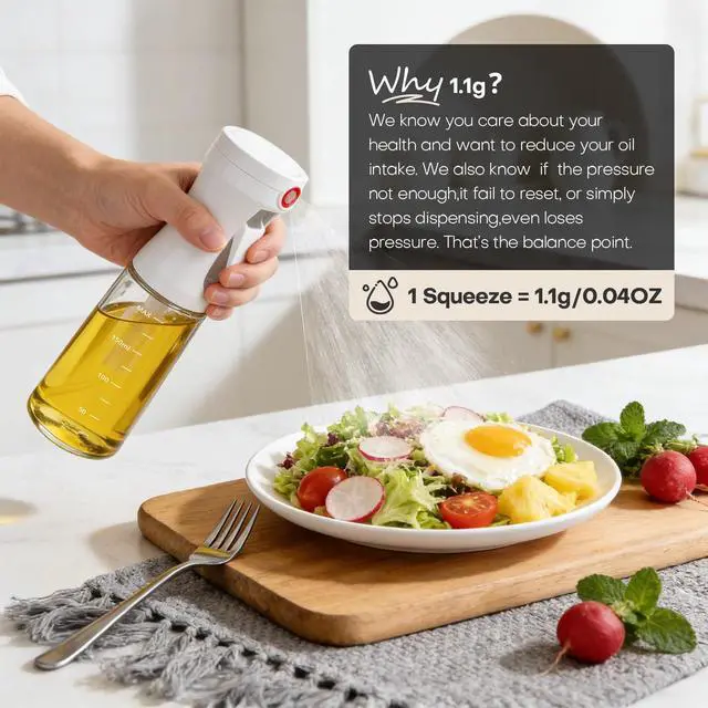 Alt view image 4 of 6 - Oil Sprayer for Cooking, 7oz Even Fan-Shaped Mist Olive Oil Dispenser for Kitchen, Air Fryer, Salad, BBQ, Food-Grade 200ml Glass Sprayer Bottle with U.S. Patented