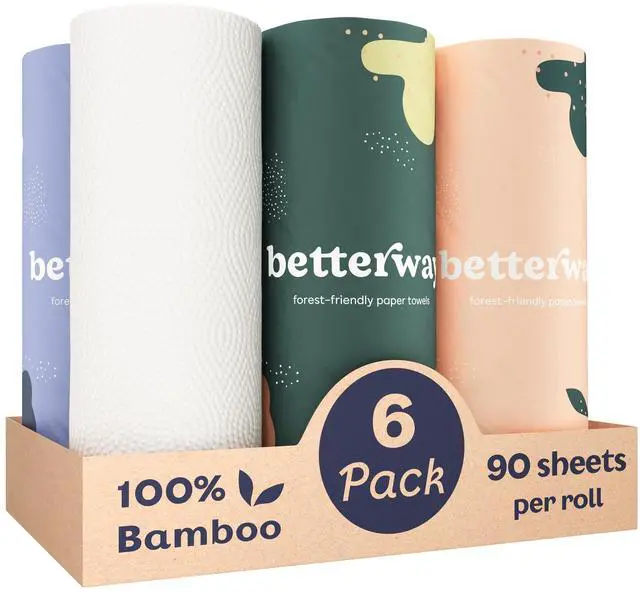 Main image of Bamboo Paper Towels - 6 Rolls, 2 Ply - Plastic Free, Disposable Kitchen Paper Towels - Select Size, Tree Free, Compostable, Strong & Absorbent, No Dyes - PFAS Free