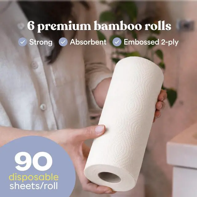 Alt view image 2 of 6 - Bamboo Paper Towels - 6 Rolls, 2 Ply - Plastic Free, Disposable Kitchen Paper Towels - Select Size, Tree Free, Compostable, Strong & Absorbent, No Dyes - PFAS Free