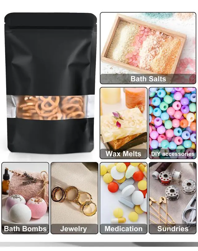 Alt view image 5 of 7 - 100 Pack Smell Proof Bags, Resealable Bags with Matte Window, Foil Pouch Stand Up Sealable Bags for PackagingBlack,3.5" x 5.1"