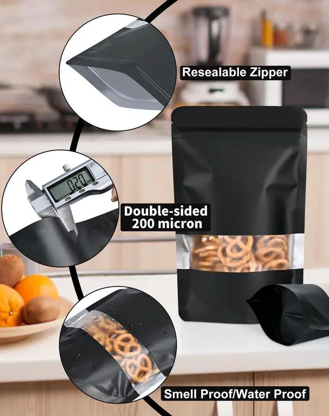 Alt view image 4 of 7 - 100 Pack Smell Proof Bags, Resealable Bags with Matte Window, Foil Pouch Stand Up Sealable Bags for PackagingBlack,3.5" x 5.1"