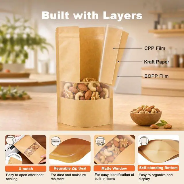Alt view image 4 of 7 - 100 Pcs Resealable Bags, Paper Stand Up Pouches Bags with Matte Window for Small Businness, Zipper & Heat Sealable Treat Bags for Packaging(Inner Size 2.9" x 3"; Outer Size 3.5" x 5.5")
