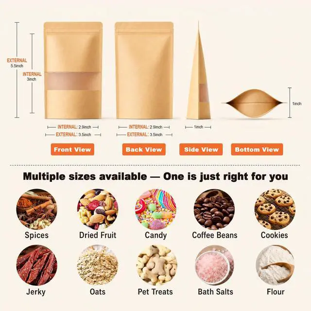 Alt view image 2 of 7 - 100 Pcs Resealable Bags, Paper Stand Up Pouches Bags with Matte Window for Small Businness, Zipper & Heat Sealable Treat Bags for Packaging(Inner Size 2.9" x 3"; Outer Size 3.5" x 5.5")