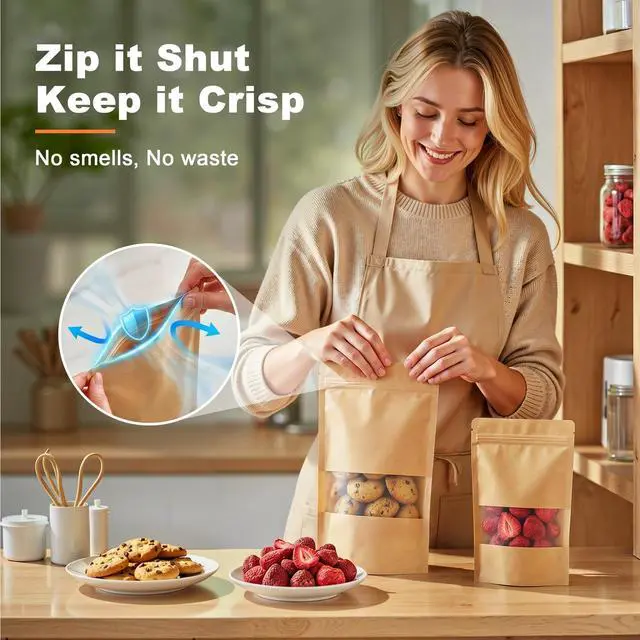 Alt view image 5 of 7 - 100 Pcs Resealable Bags, Paper Stand Up Pouches Bags with Matte Window for Small Businness, Zipper & Heat Sealable Treat Bags for Packaging(Inner Size 2.9" x 3"; Outer Size 3.5" x 5.5")