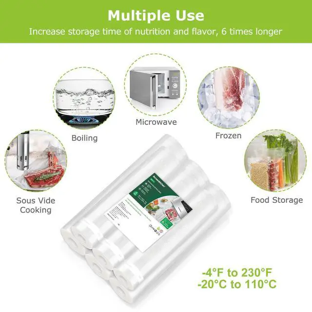 Alt view image 3 of 7 - Vacuum Sealer Rolls Bags, 6 Pack 3 Rolls 11" x 20' + 3 Rolls 8" x 20' Commercial Grade BPA Free Bag Rolls, Durable Customized Size Food Vac Bags for Storage and Sous Vide Cooking VB3211