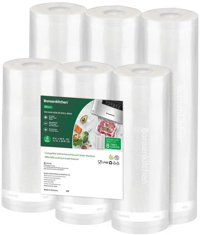 Main image of Vacuum Sealer Rolls Bags, 6 Pack 3 Rolls 11" x 20' + 3 Rolls 8" x 20' Commercial Grade BPA Free Bag Rolls, Durable Customized Size Food Vac Bags for Storage and Sous Vide Cooking VB3211