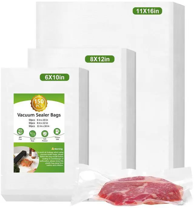 Main image of Vacuum Sealer Bags for Food, 150pcs Precut Food Saver Seal Bags 50 Gallon 11"x16", 50 Quart 8"x12", 50 Pint 6"x10", BPA Free Commercial Grade, Puncture Resistant for Meal Prep, Sous Vide, Freezer