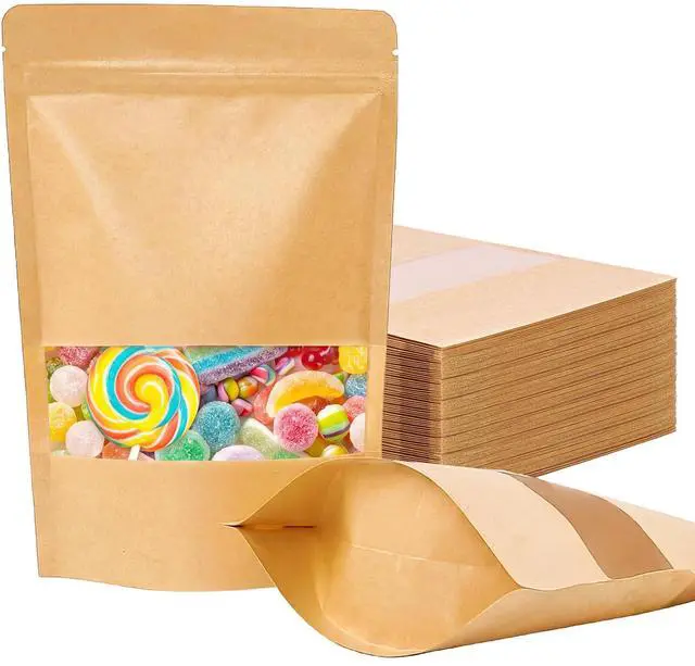 Main image of 72pcs 5.9x8.6 Inches Kraft Paper Resealable Bags for Small Business, Stand Up Pouches, Food Packaging Bags with Window, Ziplock Coffee Pouches for Small Business