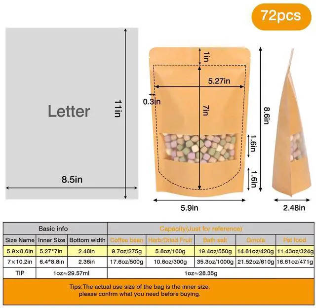 Alt view image 2 of 7 - 72pcs 5.9x8.6 Inches Kraft Paper Resealable Bags for Small Business, Stand Up Pouches, Food Packaging Bags with Window, Ziplock Coffee Pouches for Small Business