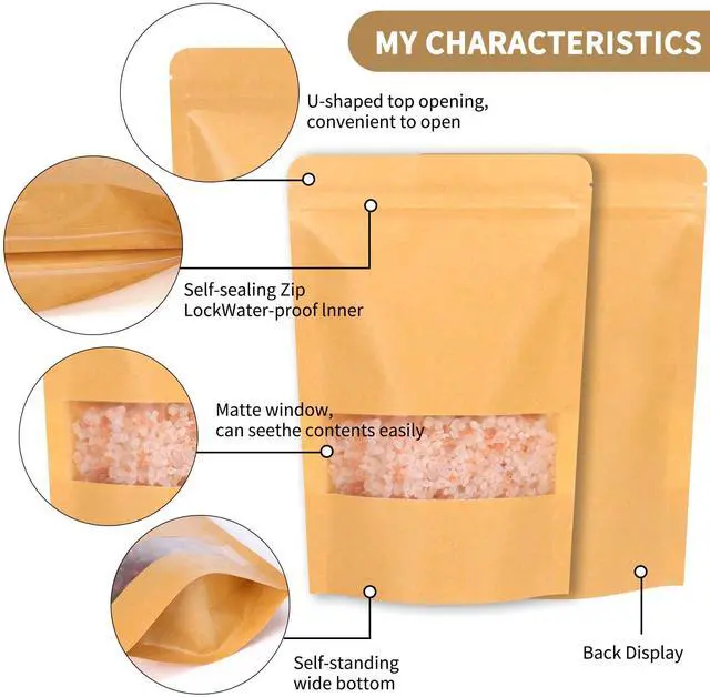 Alt view image 3 of 7 - 72pcs 5.9x8.6 Inches Kraft Paper Resealable Bags for Small Business, Stand Up Pouches, Food Packaging Bags with Window, Ziplock Coffee Pouches for Small Business