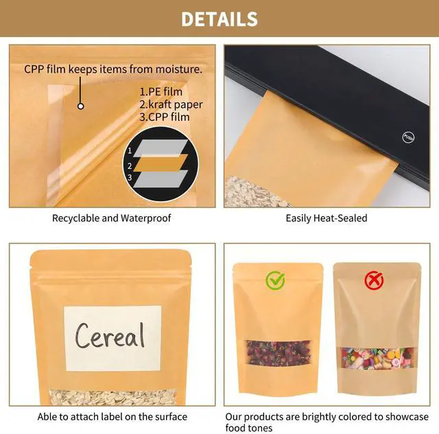 Alt view image 4 of 7 - 72pcs 5.9x8.6 Inches Kraft Paper Resealable Bags for Small Business, Stand Up Pouches, Food Packaging Bags with Window, Ziplock Coffee Pouches for Small Business