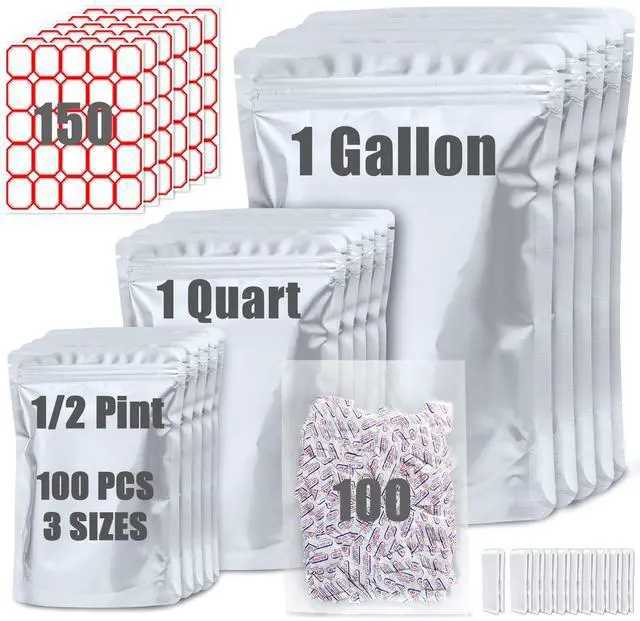Main image of 100 Pack Mylar Bags for Food Storage with 100x300cc Oxygen Absorbers - 9 Mil 10"x14", 9Mil 6"x9", 9Mil 4.3"x6.3" - Resealable Bags for Packaging Products & Ziplock Food Grade Bag for Storage