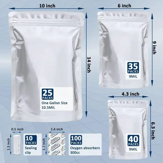 Alt view image 2 of 7 - 100 Pack Mylar Bags for Food Storage with 100x300cc Oxygen Absorbers - 9 Mil 10"x14", 9Mil 6"x9", 9Mil 4.3"x6.3" - Resealable Bags for Packaging Products & Ziplock Food Grade Bag for Storage