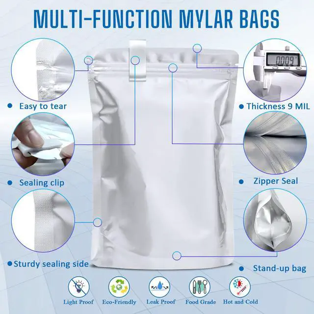 Alt view image 3 of 7 - 100 Pack Mylar Bags for Food Storage with 100x300cc Oxygen Absorbers - 9 Mil 10"x14", 9Mil 6"x9", 9Mil 4.3"x6.3" - Resealable Bags for Packaging Products & Ziplock Food Grade Bag for Storage