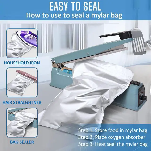 Alt view image 4 of 7 - 100 Pack Mylar Bags for Food Storage with 100x300cc Oxygen Absorbers - 9 Mil 10"x14", 9Mil 6"x9", 9Mil 4.3"x6.3" - Resealable Bags for Packaging Products & Ziplock Food Grade Bag for Storage