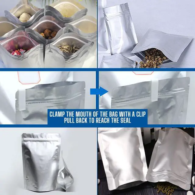 Alt view image 5 of 7 - 100 Pack Mylar Bags for Food Storage with 100x300cc Oxygen Absorbers - 9 Mil 10"x14", 9Mil 6"x9", 9Mil 4.3"x6.3" - Resealable Bags for Packaging Products & Ziplock Food Grade Bag for Storage