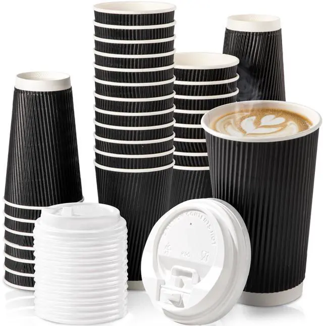 Main image of 50 Pack 16 oz Black Disposable Coffee Cups with Lids, Corrugated Triple Wall To Go Hot Cups, Insulated Paper Coffee Cups for Hot Beverages, Travel, Home, Office (White Lids)