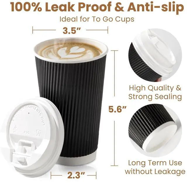 Alt view image 2 of 7 - 50 Pack 16 oz Black Disposable Coffee Cups with Lids, Corrugated Triple Wall To Go Hot Cups, Insulated Paper Coffee Cups for Hot Beverages, Travel, Home, Office (White Lids)