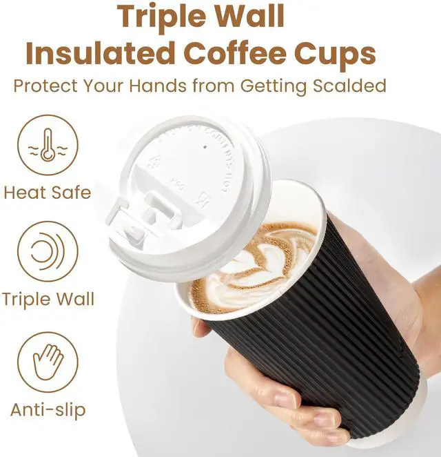 Alt view image 3 of 7 - 50 Pack 16 oz Black Disposable Coffee Cups with Lids, Corrugated Triple Wall To Go Hot Cups, Insulated Paper Coffee Cups for Hot Beverages, Travel, Home, Office (White Lids)