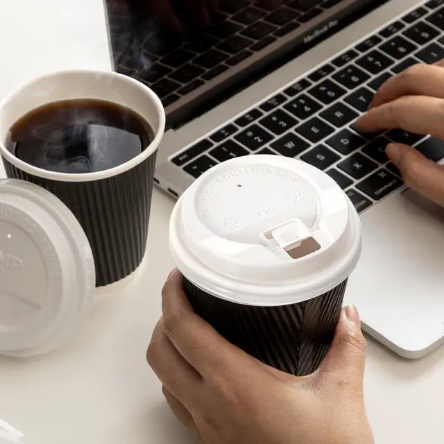 Alt view image 5 of 7 - 50 Pack 16 oz Black Disposable Coffee Cups with Lids, Corrugated Triple Wall To Go Hot Cups, Insulated Paper Coffee Cups for Hot Beverages, Travel, Home, Office (White Lids)