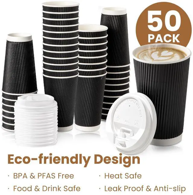 Alt view image 4 of 7 - 50 Pack 16 oz Black Disposable Coffee Cups with Lids, Corrugated Triple Wall To Go Hot Cups, Insulated Paper Coffee Cups for Hot Beverages, Travel, Home, Office (White Lids)