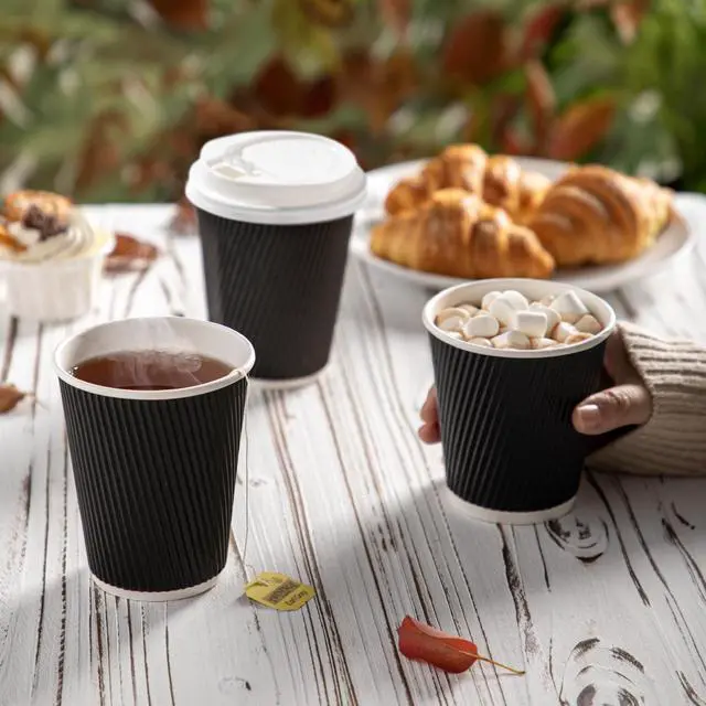 Alt view image 7 of 7 - 50 Pack 16 oz Black Disposable Coffee Cups with Lids, Corrugated Triple Wall To Go Hot Cups, Insulated Paper Coffee Cups for Hot Beverages, Travel, Home, Office (White Lids)