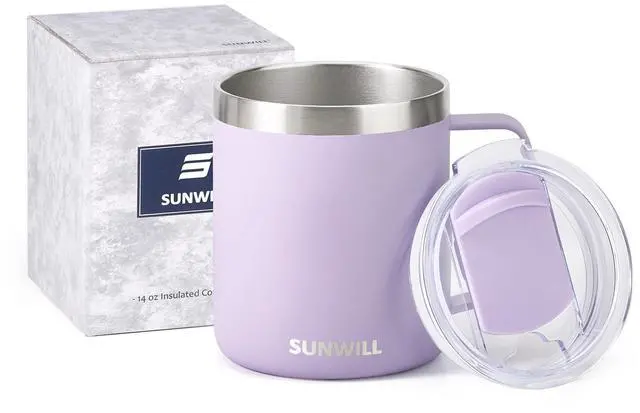 Alt view image 5 of 6 - Travel Coffee Mug with Lid, Insulated Tumbler with Handle, 14 oz Stainless Steel Cup for Home, Office, Camping, Powder Coated Orchid
