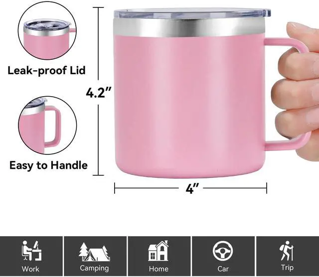 Alt view image 3 of 7 - 14 oz Insulated Coffee Mug with Handle, Stainless Steel Travel Coffee Mug with Lid, Double Wall Vacuum Metal Coffee Cup, Coffee Tumbler Powder Coated, Pink 1 Pack