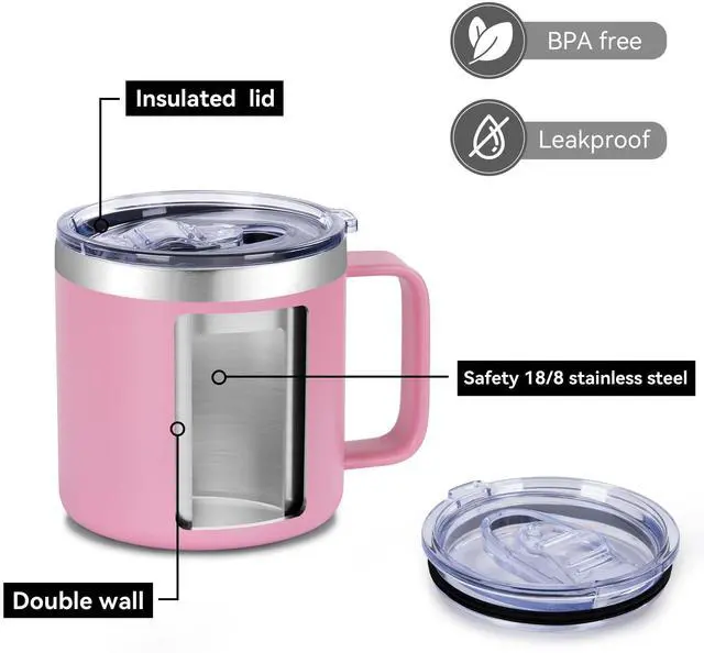 Alt view image 4 of 7 - 14 oz Insulated Coffee Mug with Handle, Stainless Steel Travel Coffee Mug with Lid, Double Wall Vacuum Metal Coffee Cup, Coffee Tumbler Powder Coated, Pink 1 Pack