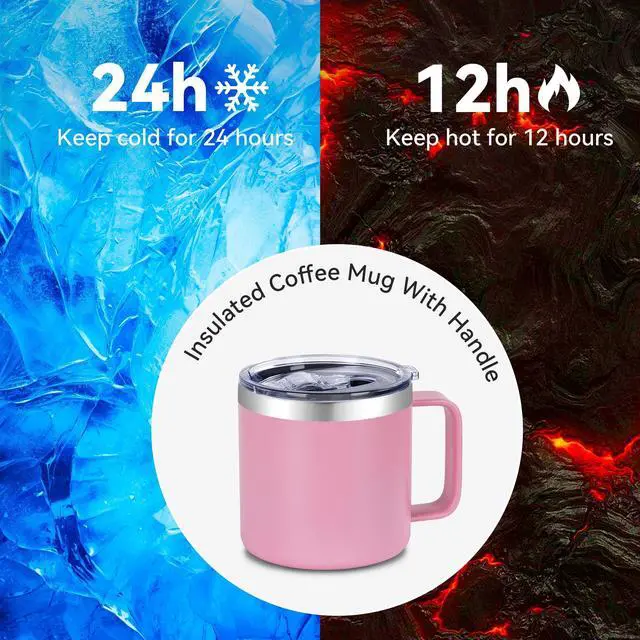 Alt view image 5 of 7 - 14 oz Insulated Coffee Mug with Handle, Stainless Steel Travel Coffee Mug with Lid, Double Wall Vacuum Metal Coffee Cup, Coffee Tumbler Powder Coated, Pink 1 Pack