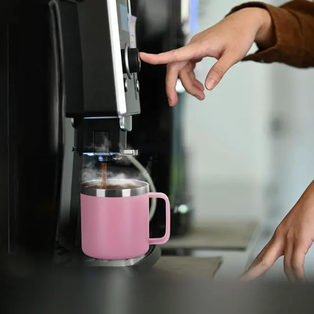 Alt view image 6 of 7 - 14 oz Insulated Coffee Mug with Handle, Stainless Steel Travel Coffee Mug with Lid, Double Wall Vacuum Metal Coffee Cup, Coffee Tumbler Powder Coated, Pink 1 Pack