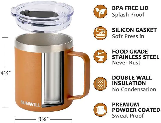 Alt view image 2 of 6 - Insulated Coffee Mug with Lid, Travel Tumbler with Handle, 14 oz Stainless Steel Cup for Camping, Office, Home, Powder Coated Caramel