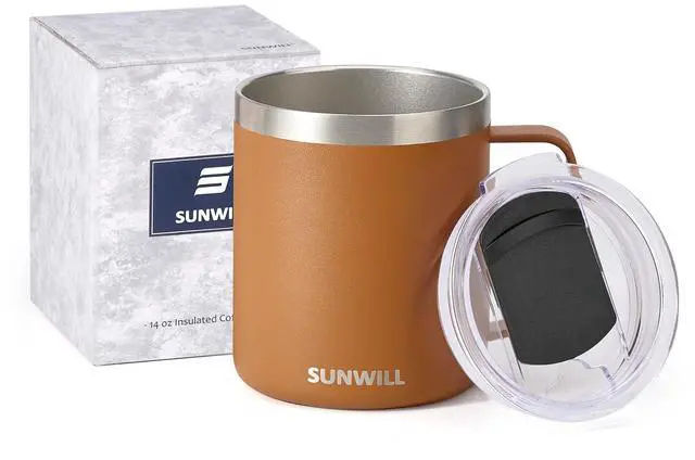 Alt view image 5 of 6 - Insulated Coffee Mug with Lid, Travel Tumbler with Handle, 14 oz Stainless Steel Cup for Camping, Office, Home, Powder Coated Caramel