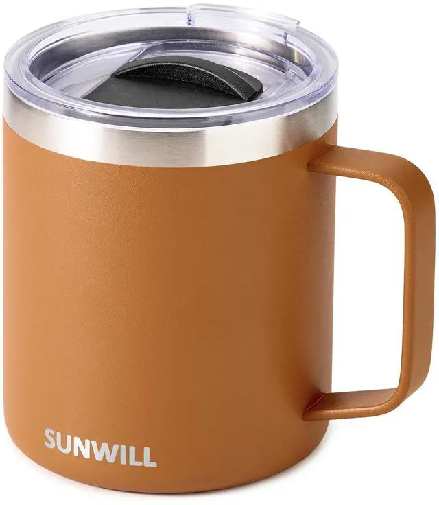 Main image of Insulated Coffee Mug with Lid, Travel Tumbler with Handle, 14 oz Stainless Steel Cup for Camping, Office, Home, Powder Coated Caramel