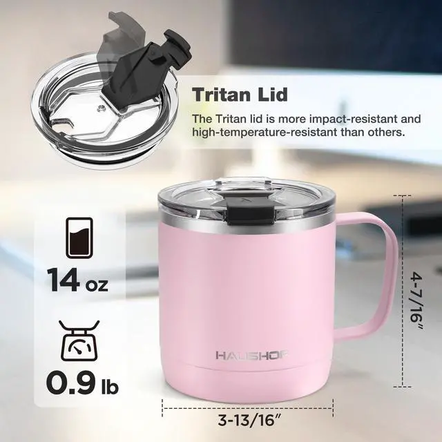 Main image of 14 oz Coffee Mug, Insulated Coffee Mug with Handle, Travel Camping Cup, Portable Stainless Steel Coffee Cup, Insulated Coffee Cups with Lid, Pink