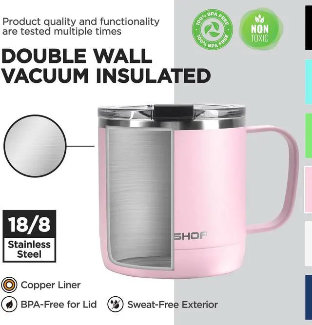 Alt view image 2 of 6 - 14 oz Coffee Mug, Insulated Coffee Mug with Handle, Travel Camping Cup, Portable Stainless Steel Coffee Cup, Insulated Coffee Cups with Lid, Pink