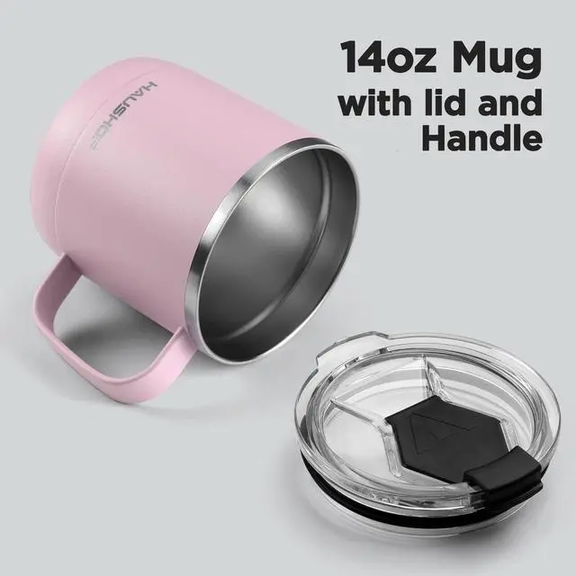 Alt view image 3 of 6 - 14 oz Coffee Mug, Insulated Coffee Mug with Handle, Travel Camping Cup, Portable Stainless Steel Coffee Cup, Insulated Coffee Cups with Lid, Pink