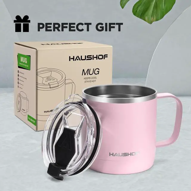 Alt view image 6 of 6 - 14 oz Coffee Mug, Insulated Coffee Mug with Handle, Travel Camping Cup, Portable Stainless Steel Coffee Cup, Insulated Coffee Cups with Lid, Pink