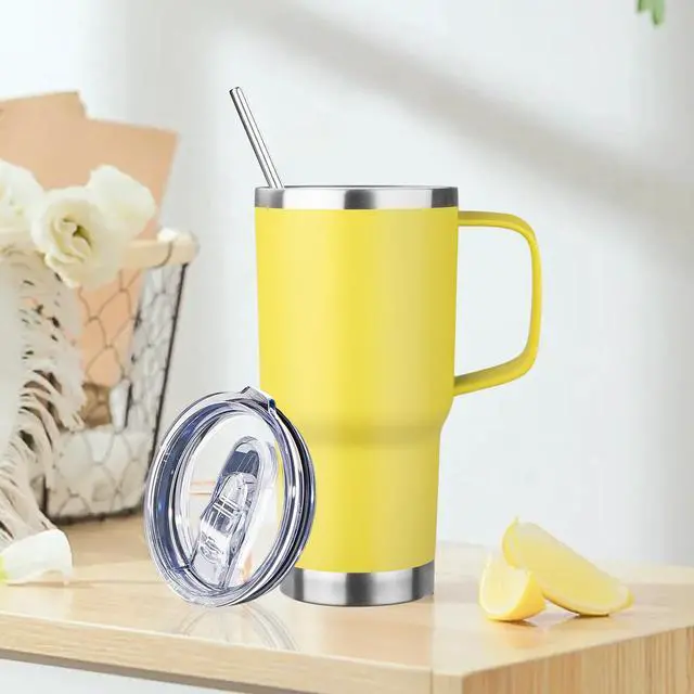 Alt view image 2 of 7 - 20oz Insulated Tumbler with Handle Stainless Steel Travel Coffee Mug with Lid and Straw Double Wall Vacuum Leak-proof Reusable Thermal Water Cup for Hot and Cold Drinks (Yellow,1 Pack)